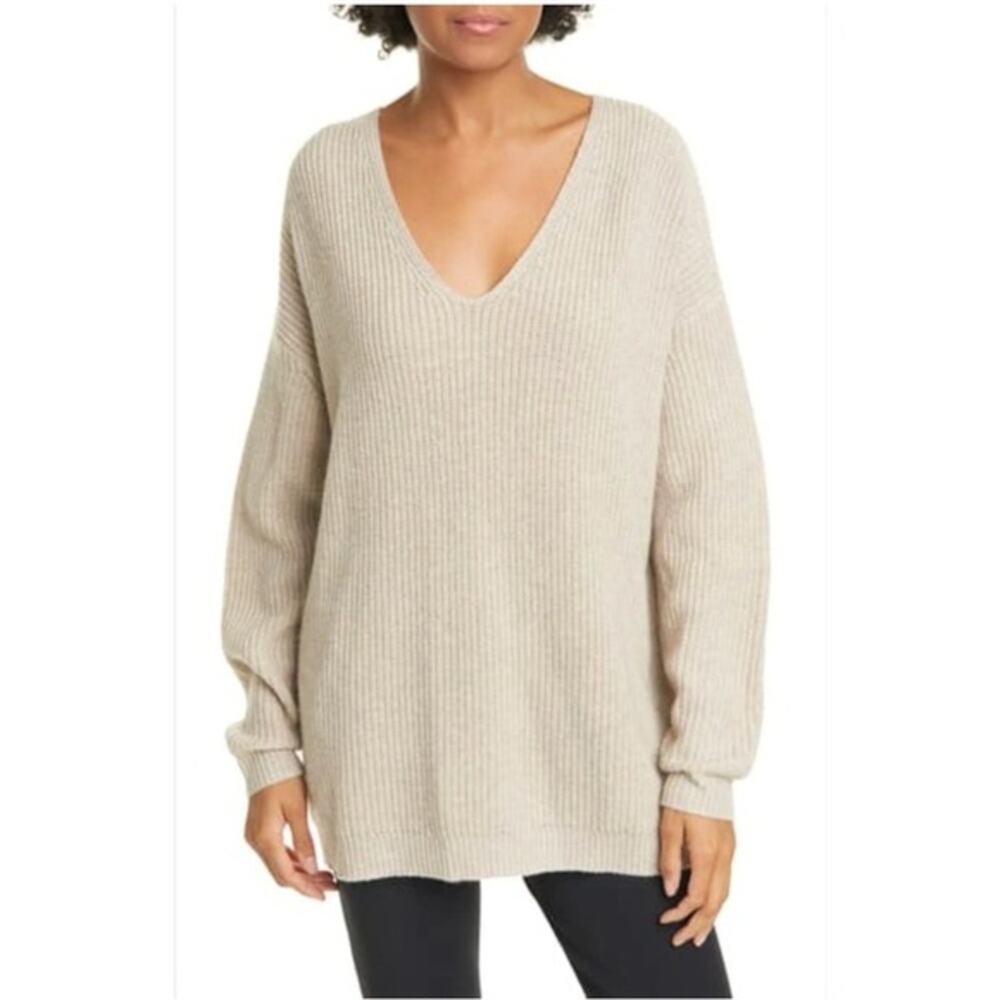 Jenni Kayne Shaker V-Neck‎ Sweater Oatmeal Wool Cashmere Ribbed 48-7349-A20 S